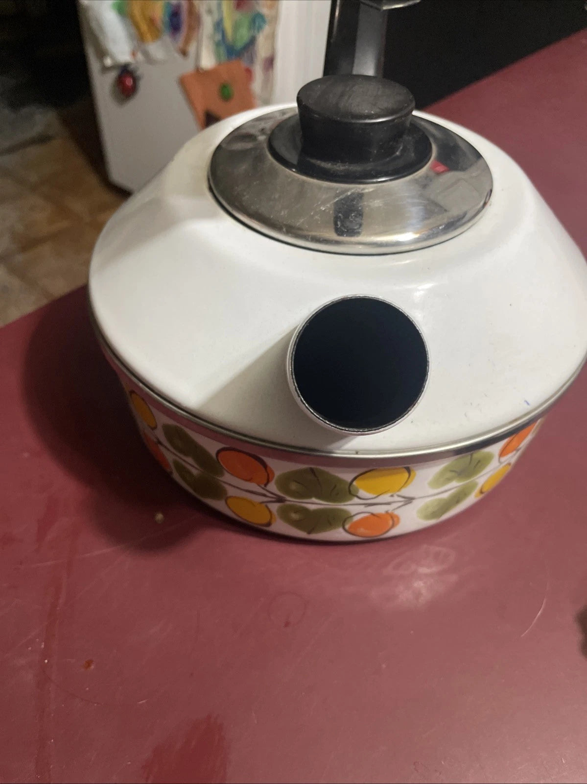Vintage Enamel Tea Pot Kettle Whistles Lemon Orange Leaves Austria Email MCM
