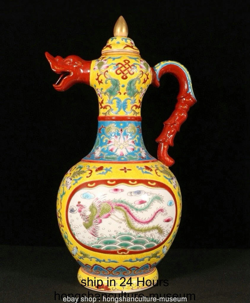 11.6" Qianlong Marked Enamel Porcelain Dragon Phoenix Beast Head Wine Tea Pot