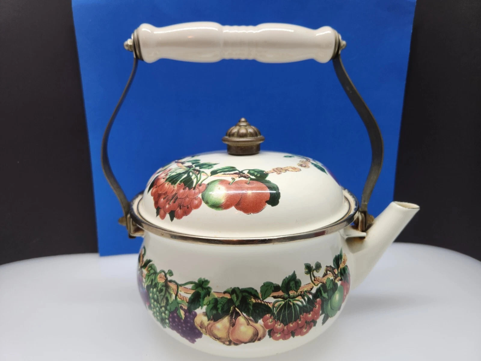 Tabletops Unlimited Vitroceramic Tea Pot With Lid Enamel Fruit Pattern