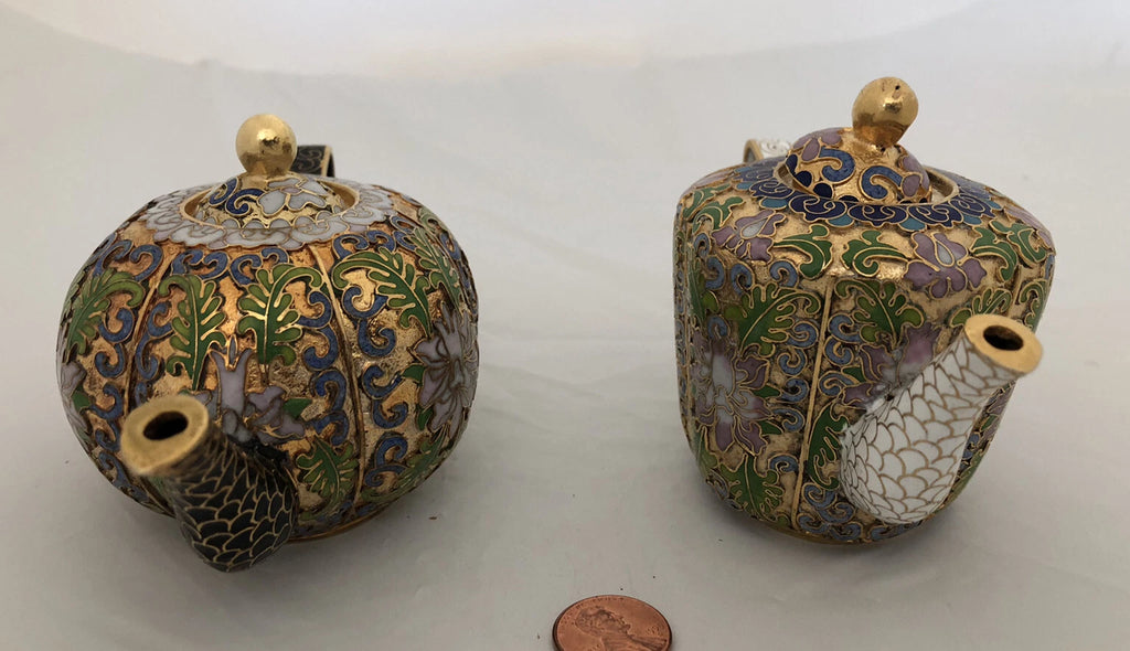 Vintage Cloisonne Enamel and Bronze 2 Teapot Set