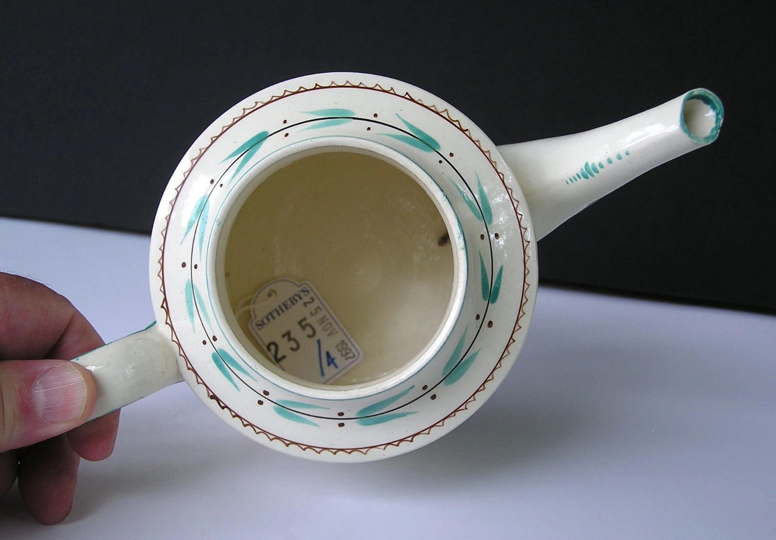 Rare Antique Staffordshire Creamware Teapot with Teal & Brown Enamel Decoration