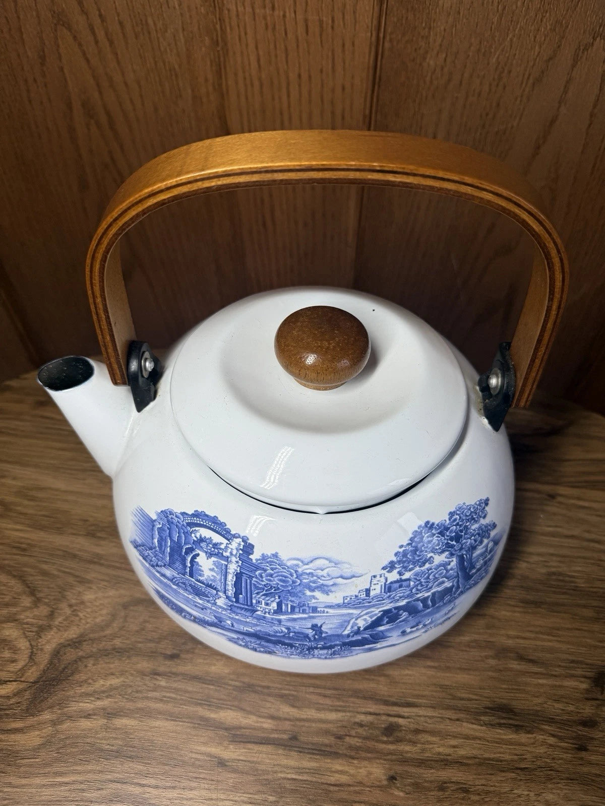 Staffordshire Tea Pot Kettle Enamelware Blue And White Castle Cows Wood Handle