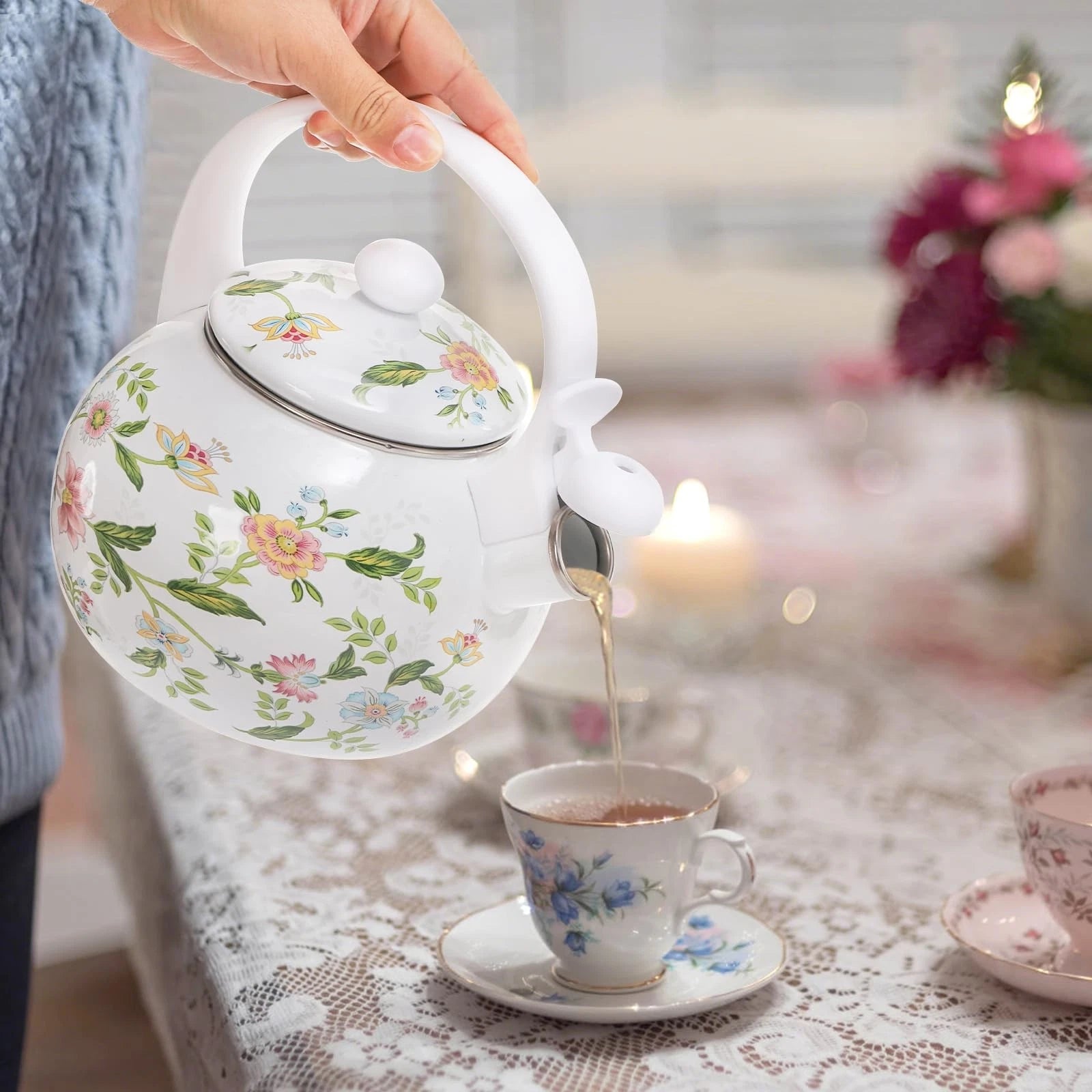 2.3 Quart Vintage Enamel Tea Kettle, Whistling Tea Kettle for Stove Top, Flor...
