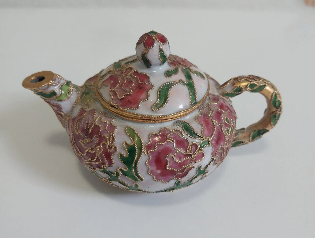 Miniature Floral Enamel Cloisonné Teapot Pink/Mauve Flowers