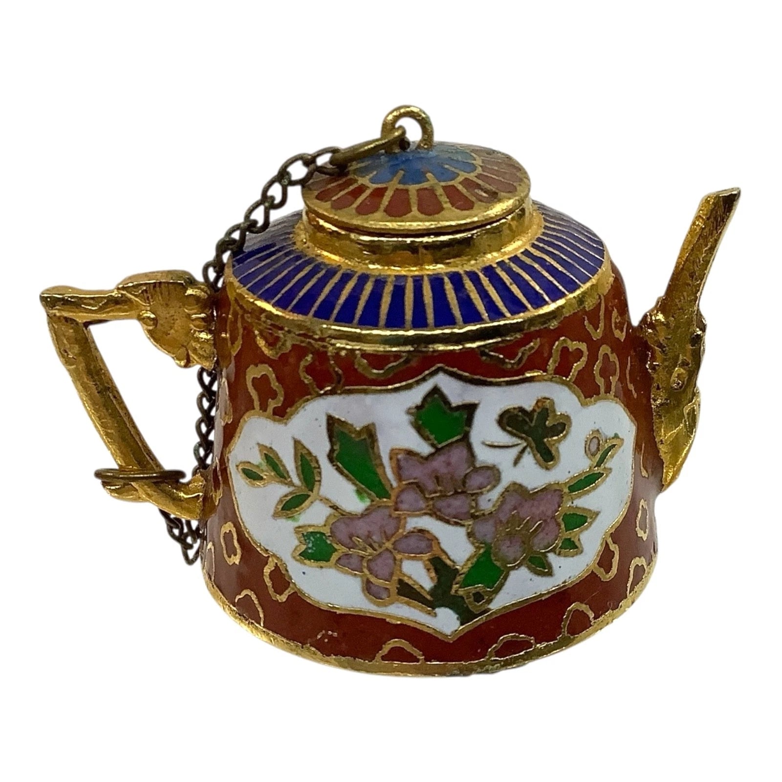 Vtg Cloisonné Miniature Chinese Teapot 6pc Set Brass Enamel Floral Inlay Unique