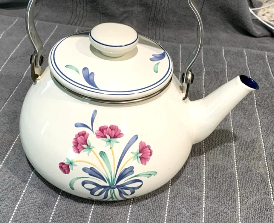 VINTAGE LENOX POPPIES ON BLUE METAL ENAMEL TEA POT KETTLE 8 CUP USA  EX COND.