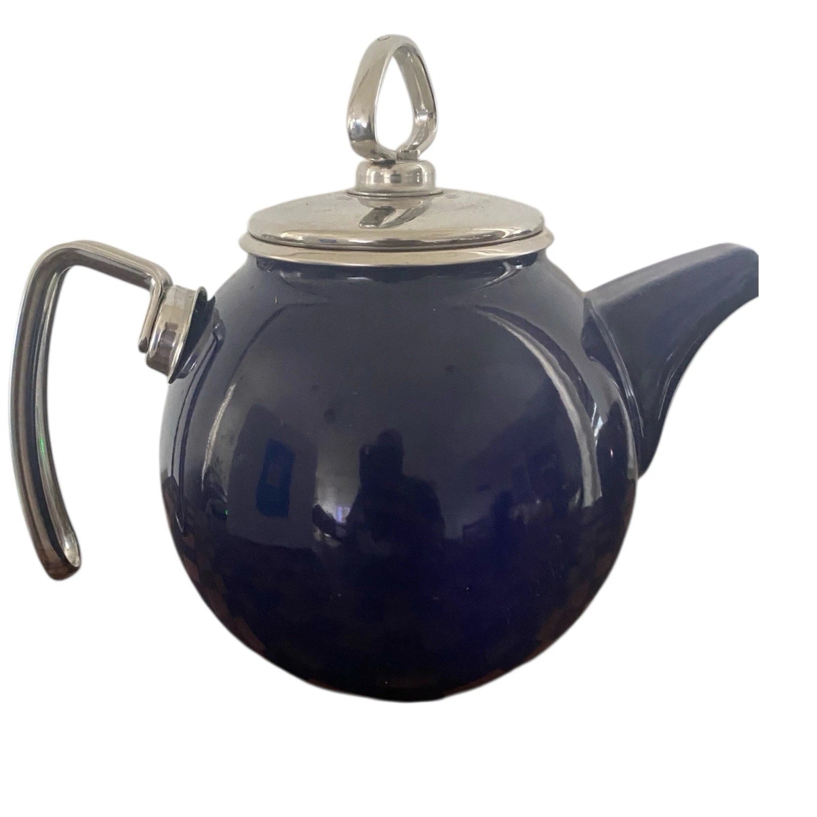 Vintage Chantal Dark Blue Tea Kettle Enamel On Steel With Stainless Accents 2QT