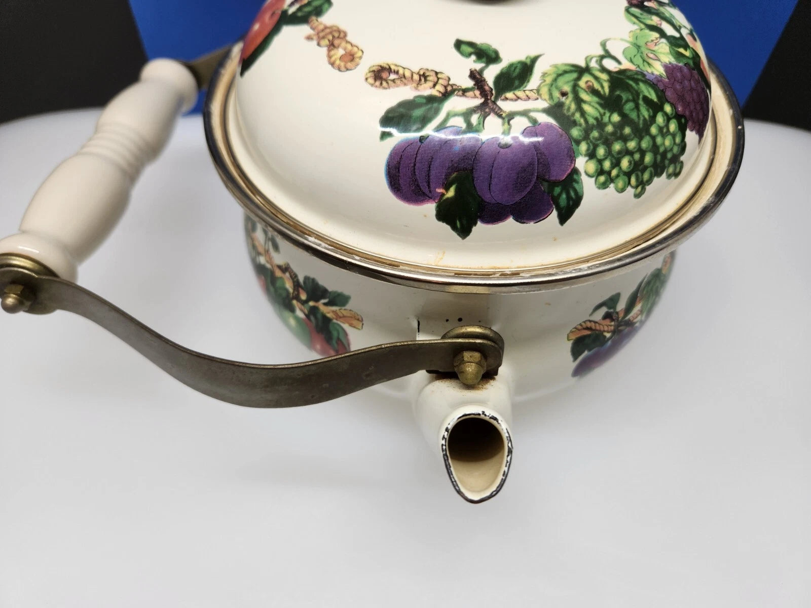 Tabletops Unlimited Vitroceramic Tea Pot With Lid Enamel Fruit Pattern