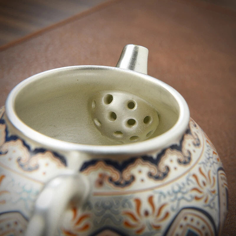 999 Silver Enamel Color Fengming Pot Ceramic Silver Teapot Kung Fu Tea Set Cups