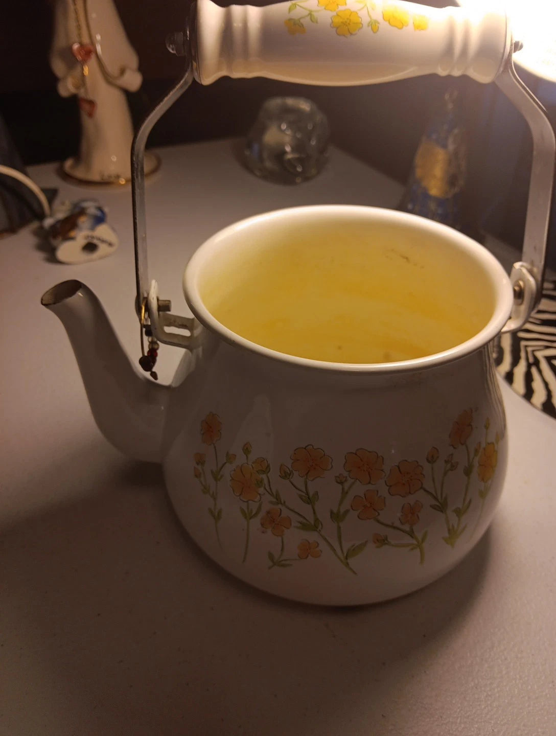 Enamelware Teapot White With Yellow Floral Design