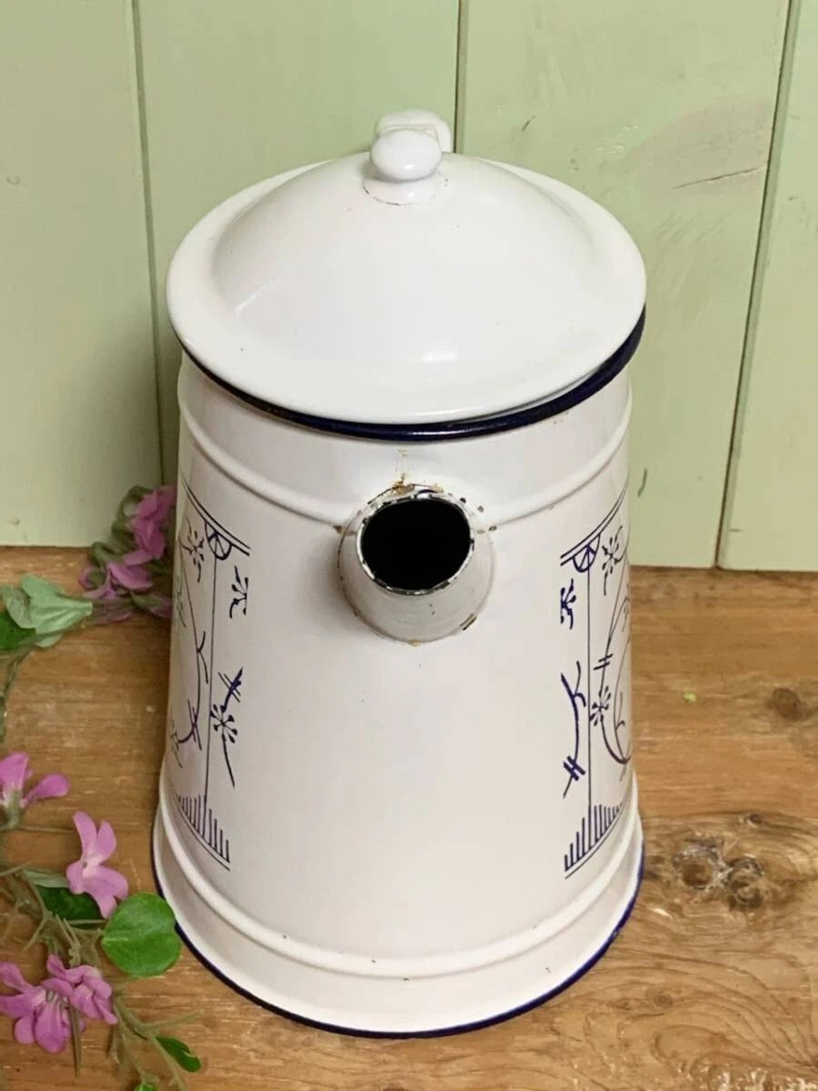 UK ANTIQUE Enamel Saxony Teapot Blue White Design Vintage Kitchenware