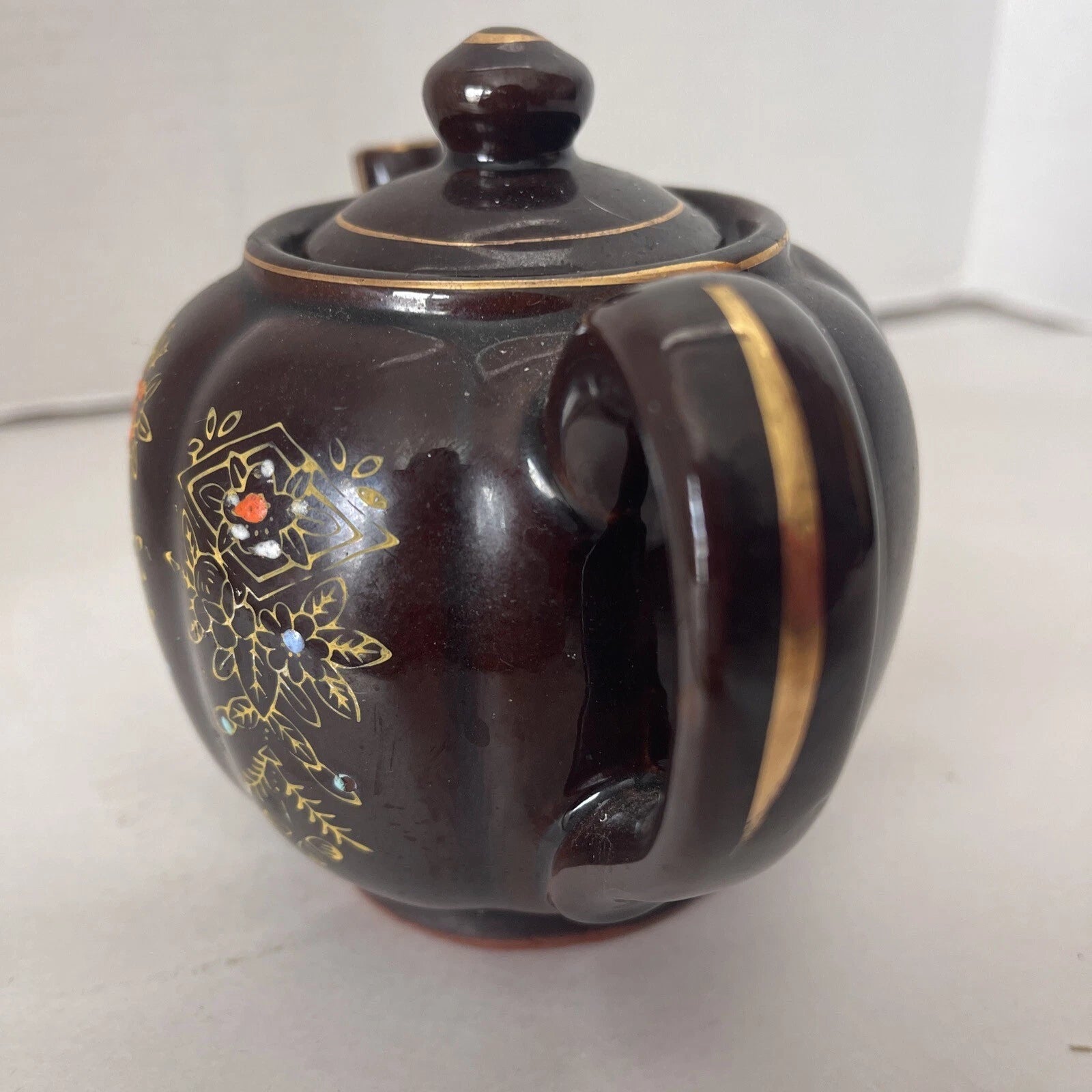 Brown Betty Redware Teapot Moriage Enamel Hand-Painted Mini Japan Vintage 4.5”