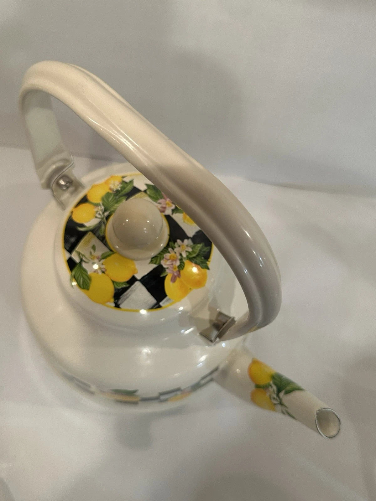 Lemon Checkered Enamel Tea Kettle with Handle and Spout