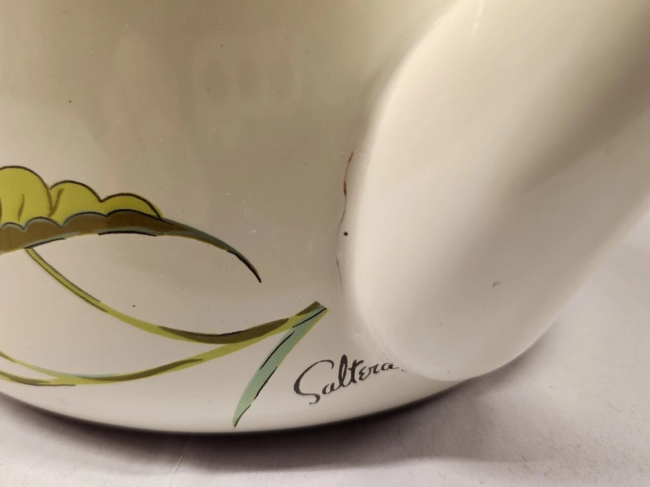 Vintage Saltera Himark Enamel RARE Teapot MCM  Red Orange Floral Wooden Handle
