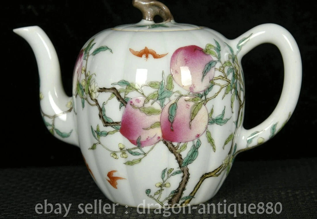 6.2" Old China Qianlong Marked Colour Enamel Porcelain Fushou Bat Peach Teapot
