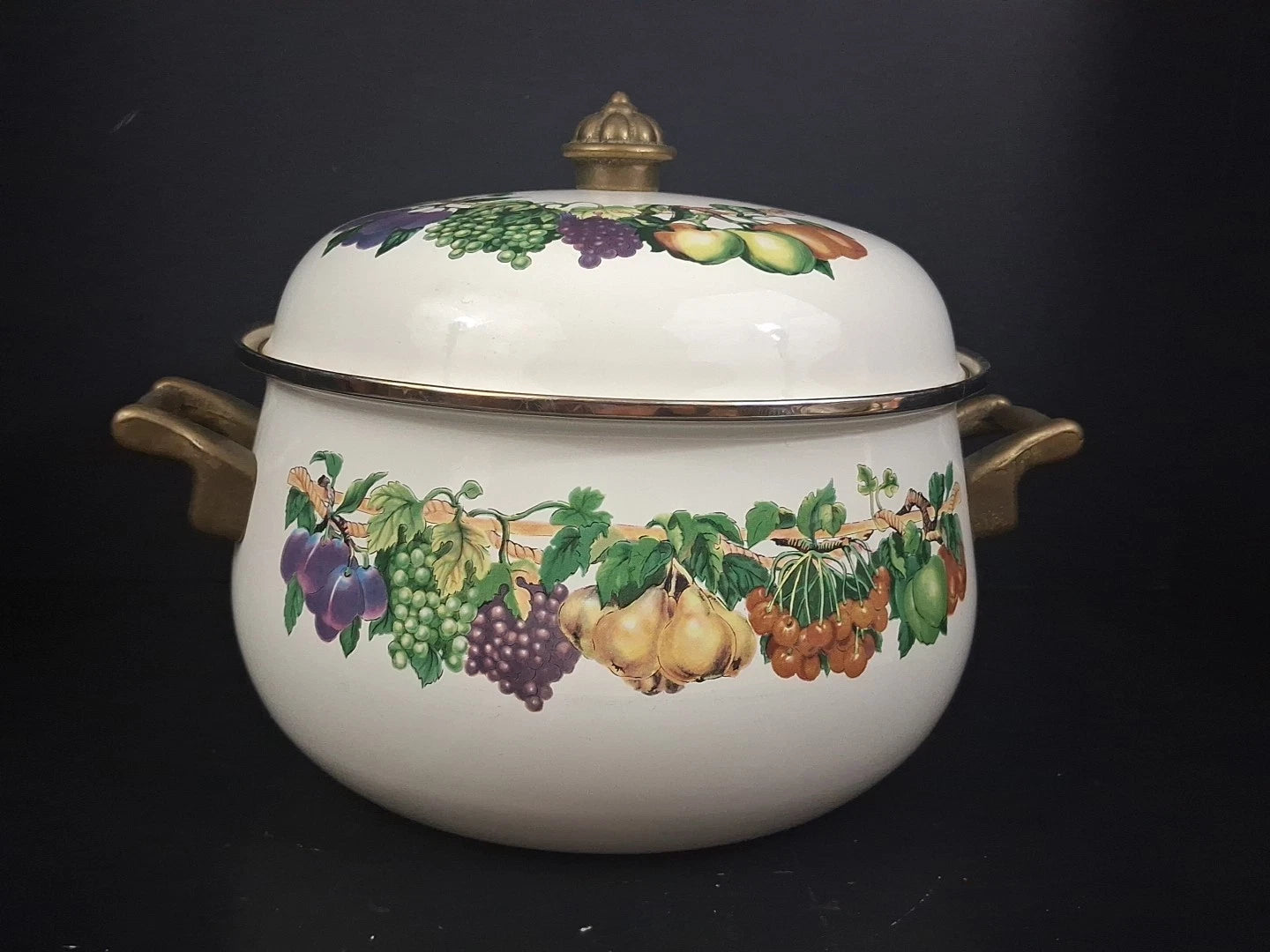 Vtg Lot Enamel Cookware Pots Tabletops Unlimited Cornucopia Teapot Brass Handles