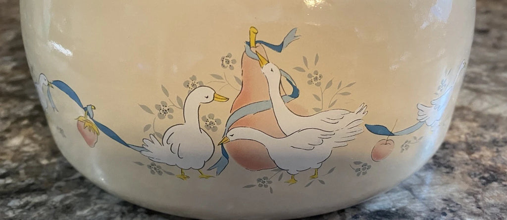 Vtg 80s International Marmalade Enamel Whistling Tea Kettle Country Goose