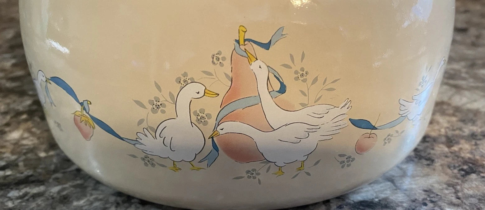 Vtg 80s International Marmalade Enamel Whistling Tea Kettle Country Goose
