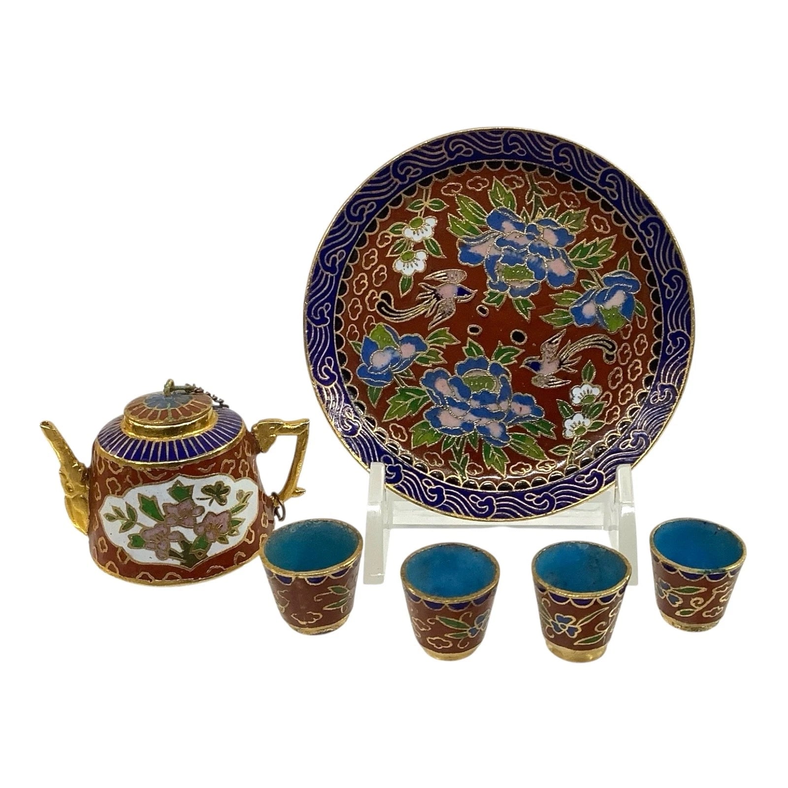 Vtg Cloisonné Miniature Chinese Teapot 6pc Set Brass Enamel Floral Inlay Unique