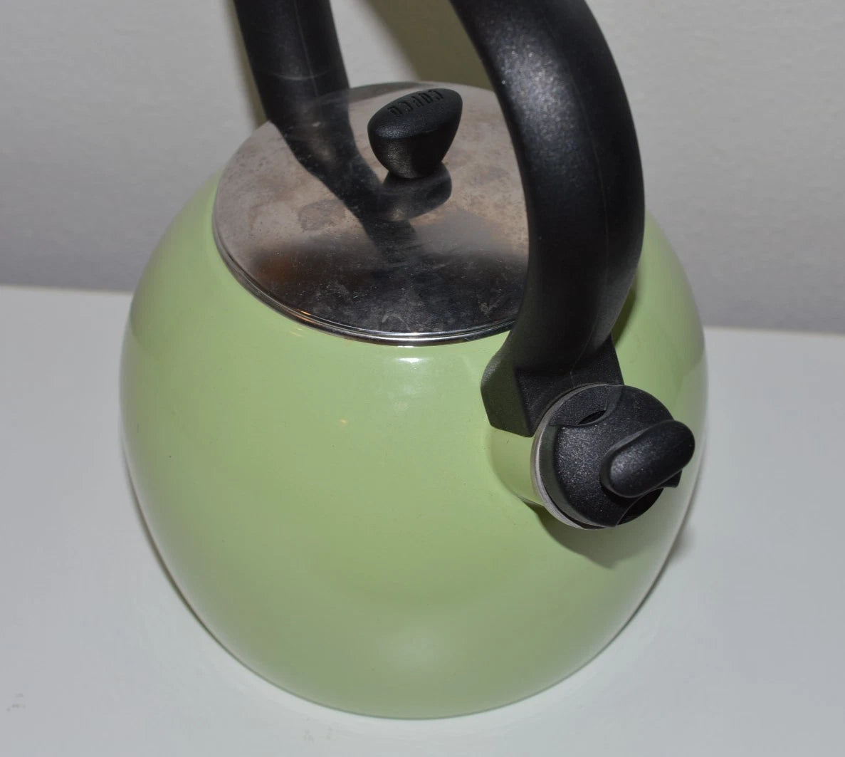 Vintage Copco Whistling Tea Kettle Pot Light Green Enamel EUC