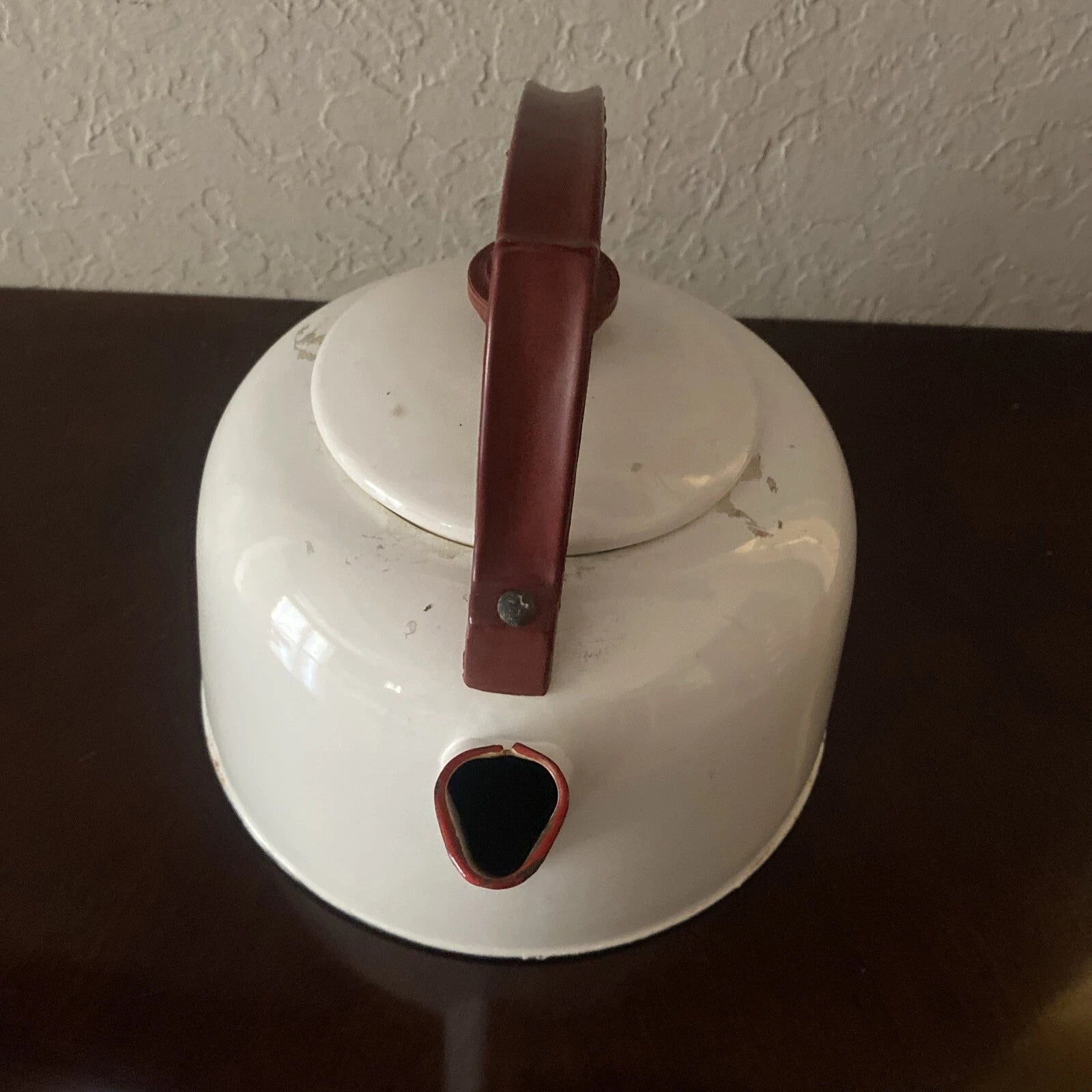 Vintage White Enamelware Tea Kettle Teapot with Red Trim, Brown Wooden Handle