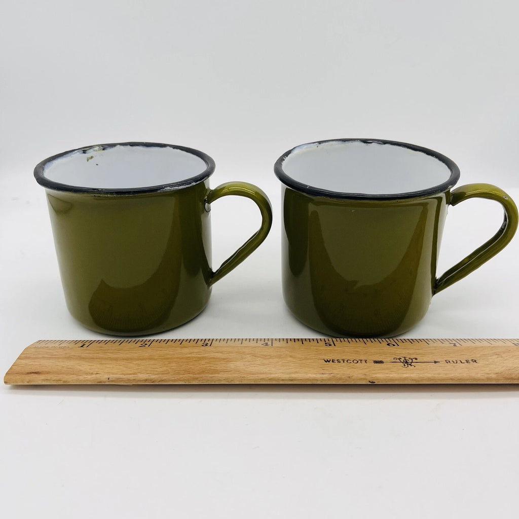 OTTO Japan Enamel Black Trim Tea Kettle Coffee Pot Decanter Green w/Lid & 2 Mugs