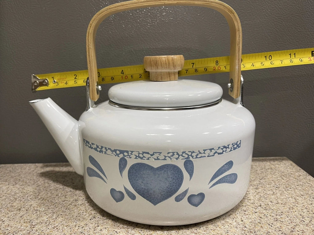 Vintage 80s Blue Hearts Enamel Kettle by Jay Made in Thailand Wood Handle EUC