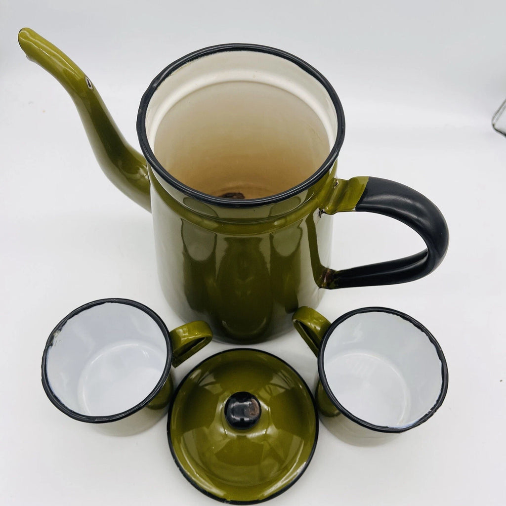OTTO Japan Enamel Black Trim Tea Kettle Coffee Pot Decanter Green w/Lid & 2 Mugs