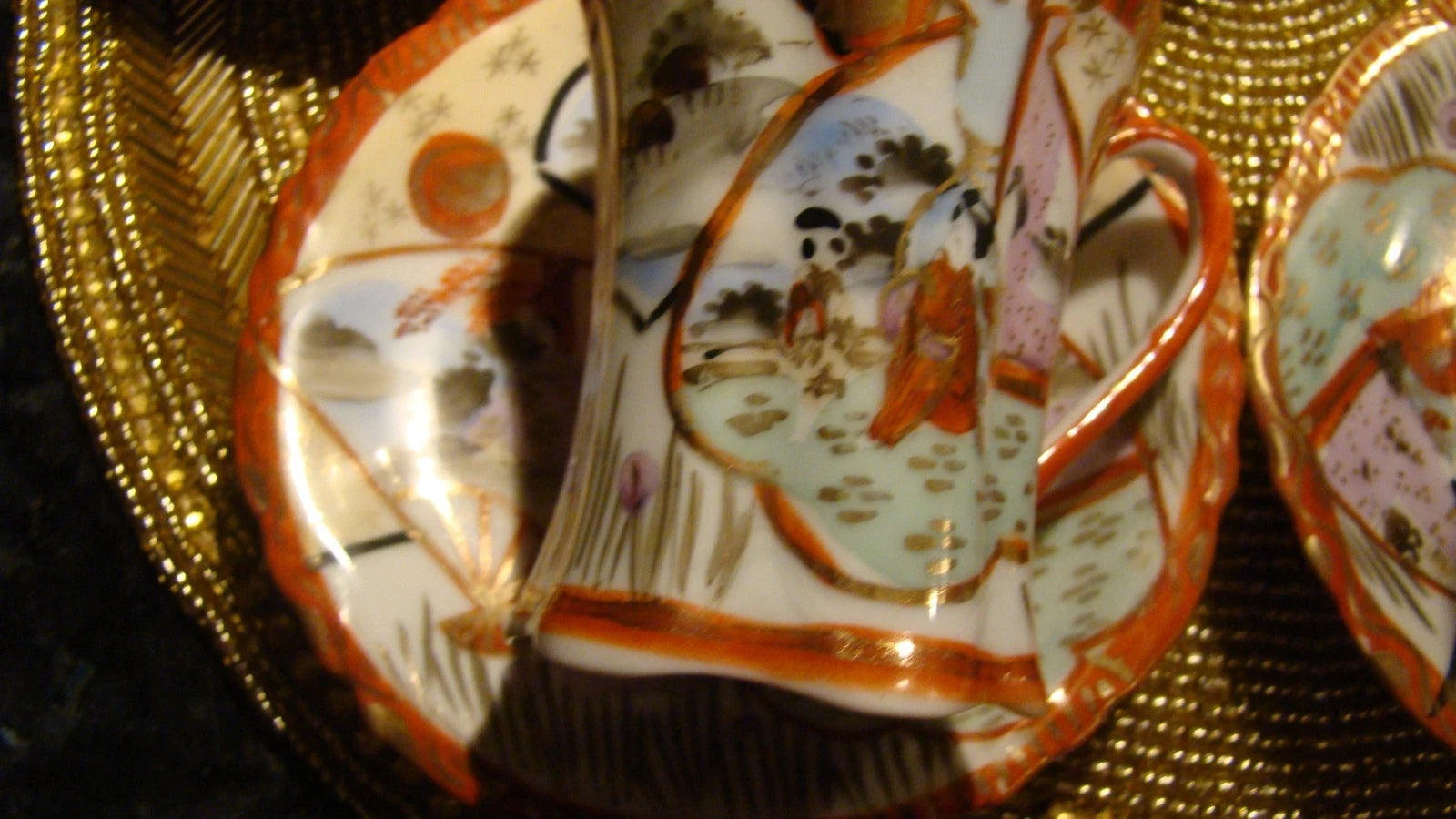 Nippon Japanese Porcelain Chocolate Pot Coffee Teapot Geisha Enamel Red Set of 4