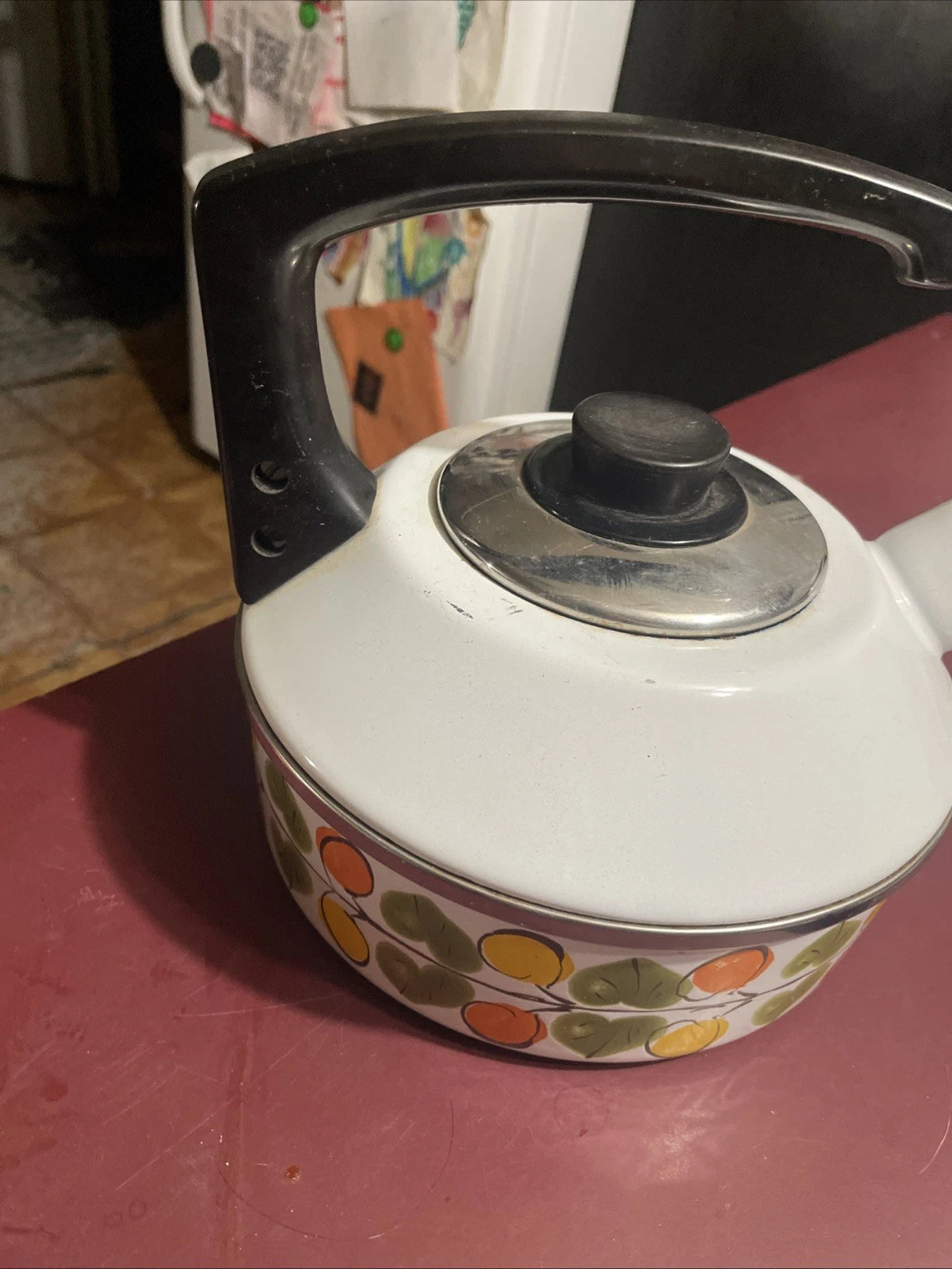 Vintage Enamel Tea Pot Kettle Whistles Lemon Orange Leaves Austria Email MCM