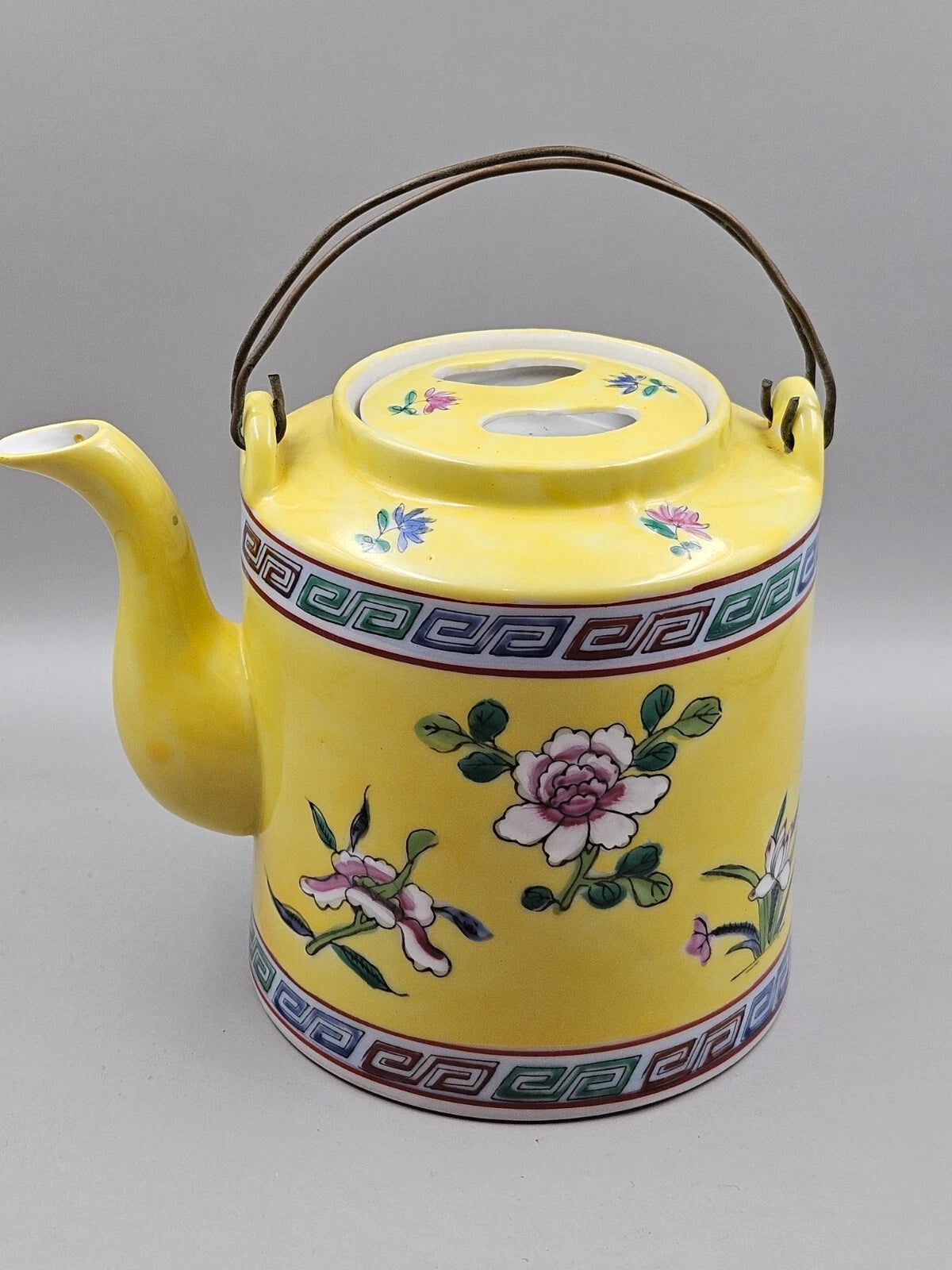 Vintage Asian Inspired Teapot with Flat Lid & Wire Handles Floral On Yellow