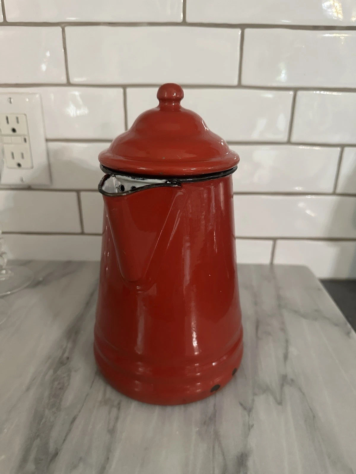 Red Enamel Teapot Metal Enamelware Farmhouse Country Vintage French