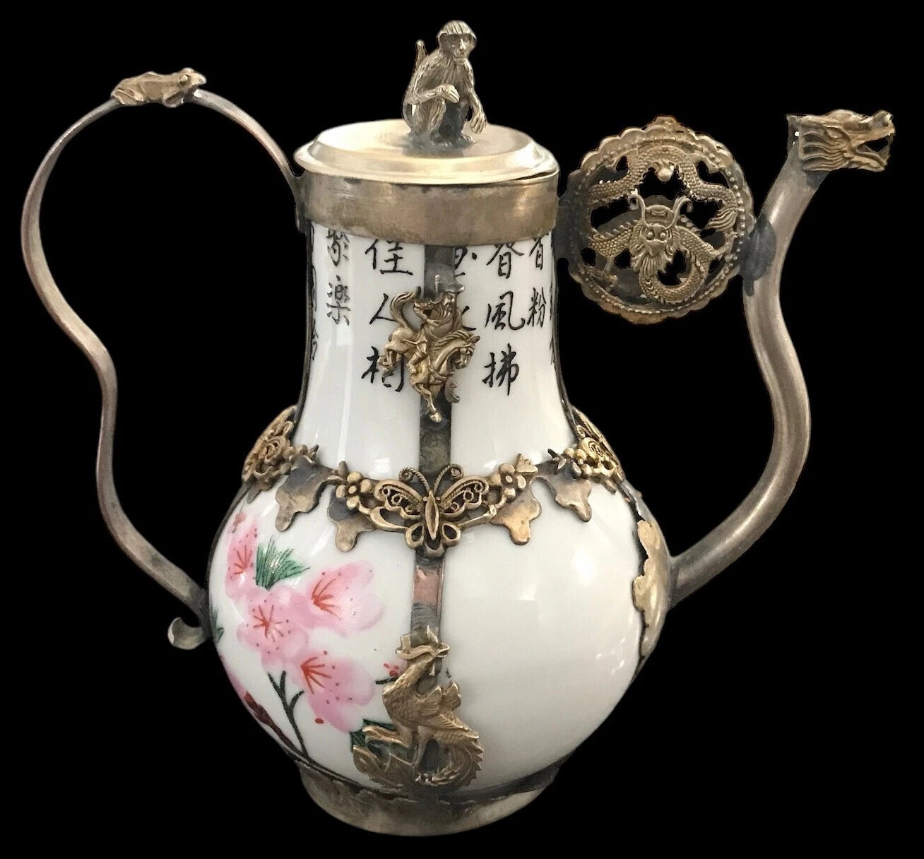VTG Signed Miniature Chinese Porcelain~Cloisonné Enamel Tea Pot~Mix Metal~Dragon
