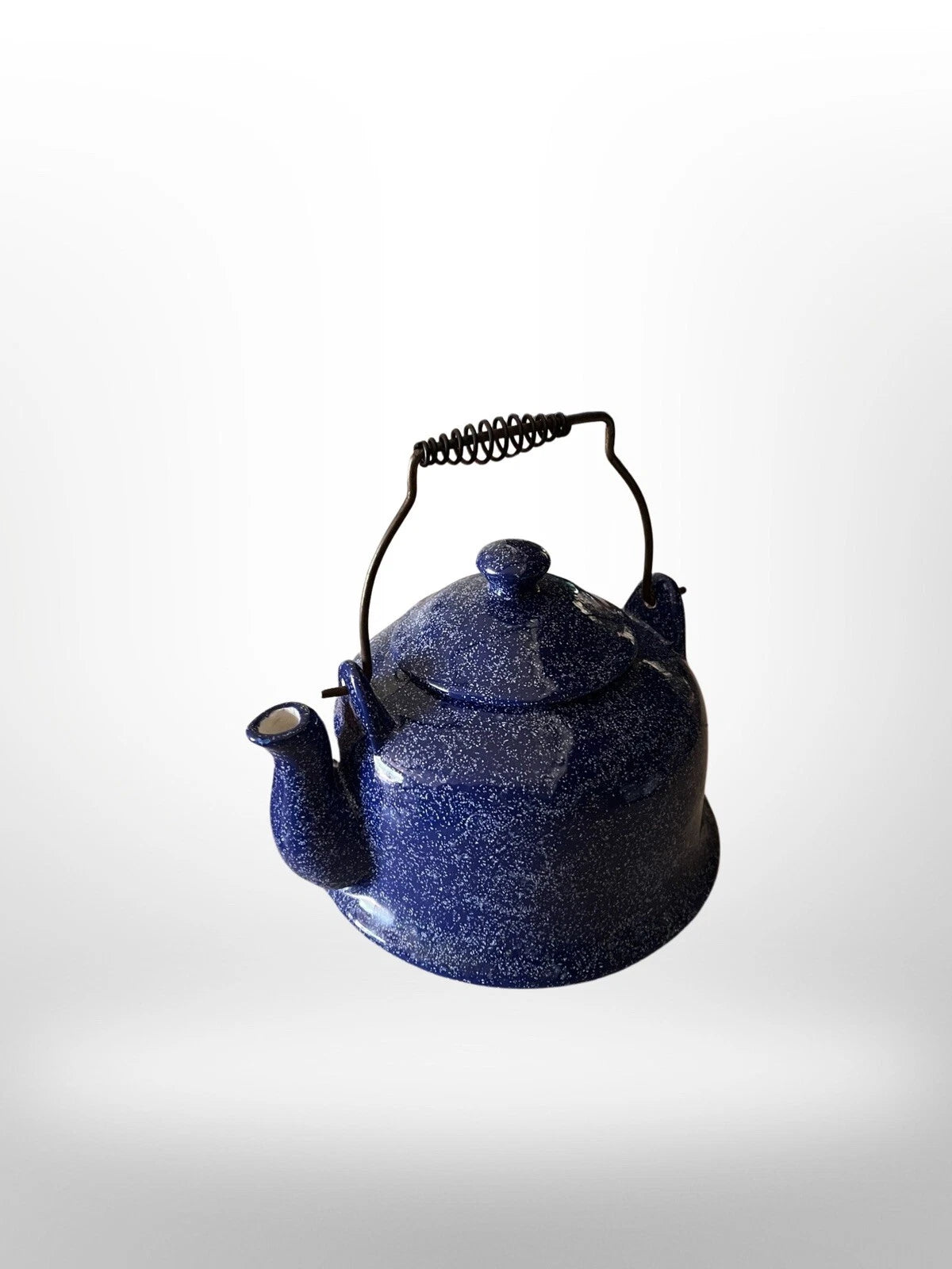 Vintage  Blue Spatterware Teapot Enamel Ceramic Metal Handle 5 1/2”x 6 1/4 Dia.