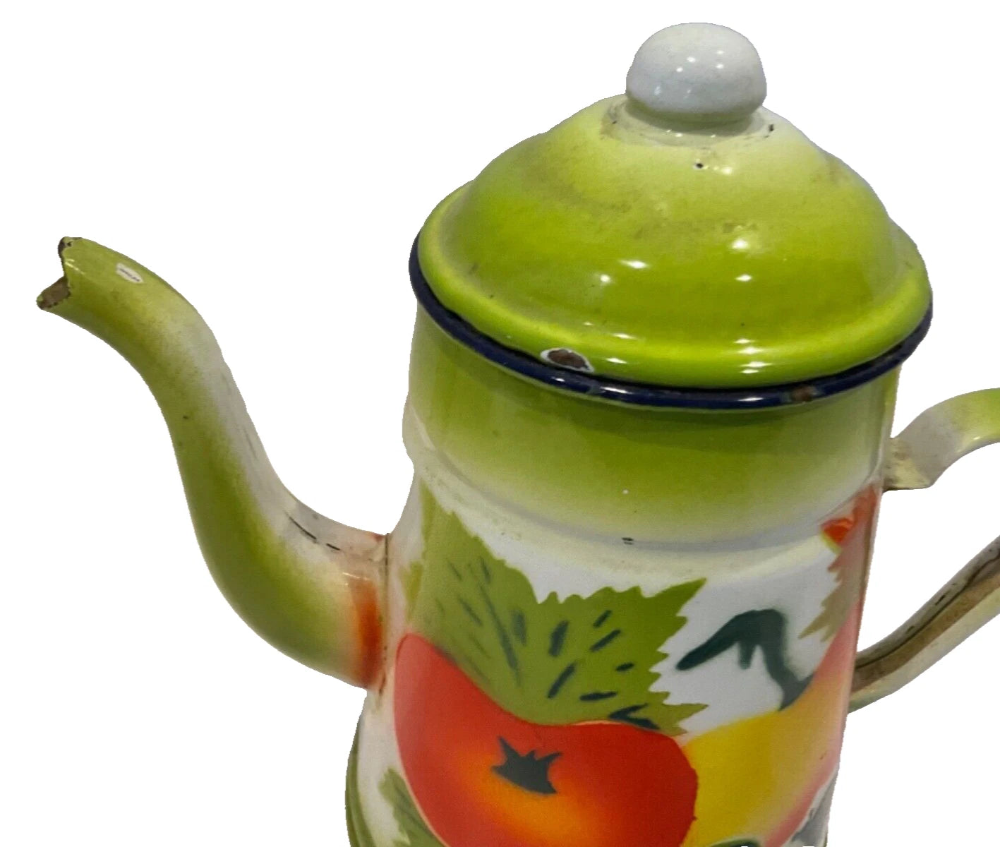 Vintage 1960s  Enamelware Coffee Teapot Painted Fruit Gooseberry & Peaches 8”