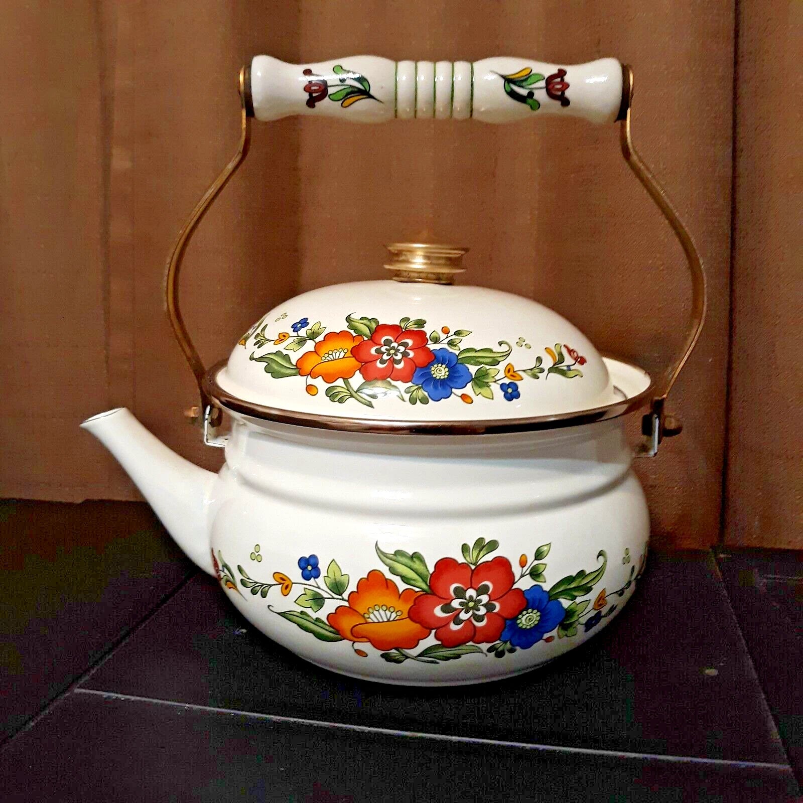Vintage Enameled Floral Motif Tea Kettle Brass Knob Ceramic Handle Teapot