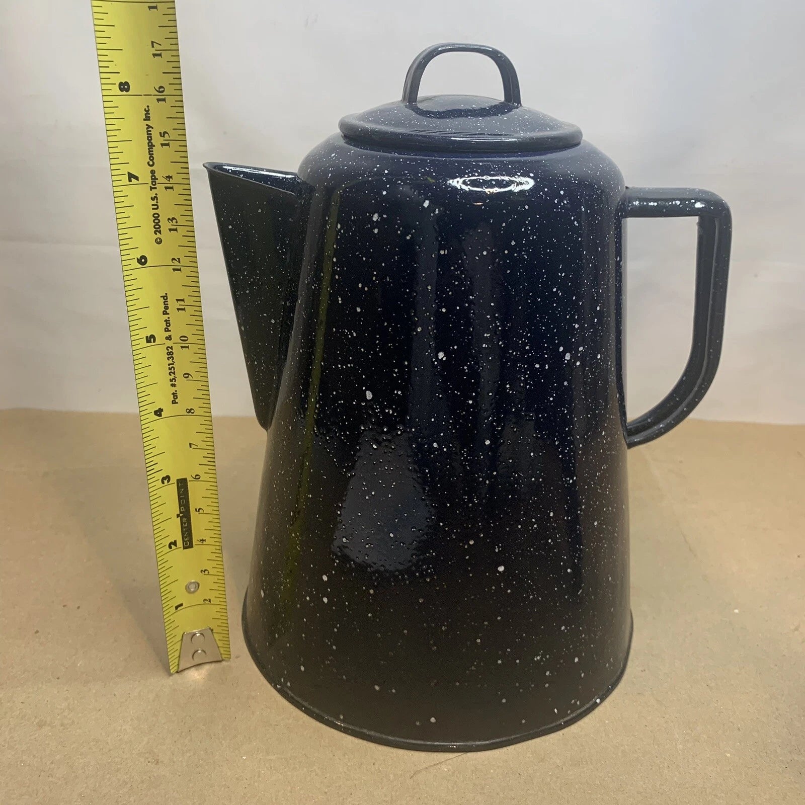 Vintage Enamelware Coffee Tea Pot Kettle & 7 Cups Blue & White Speckled