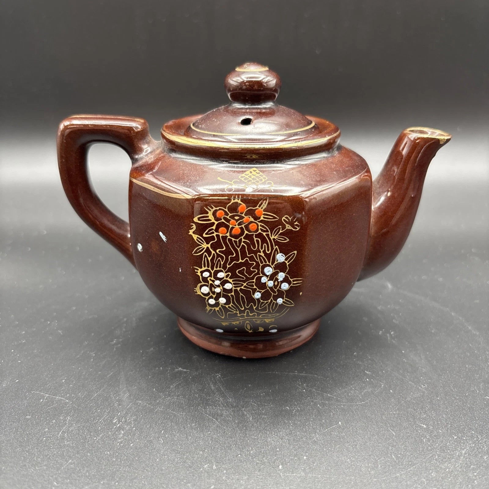 Vintage Redware Teapot Moriage Enamel Hand Painted Japan Brown