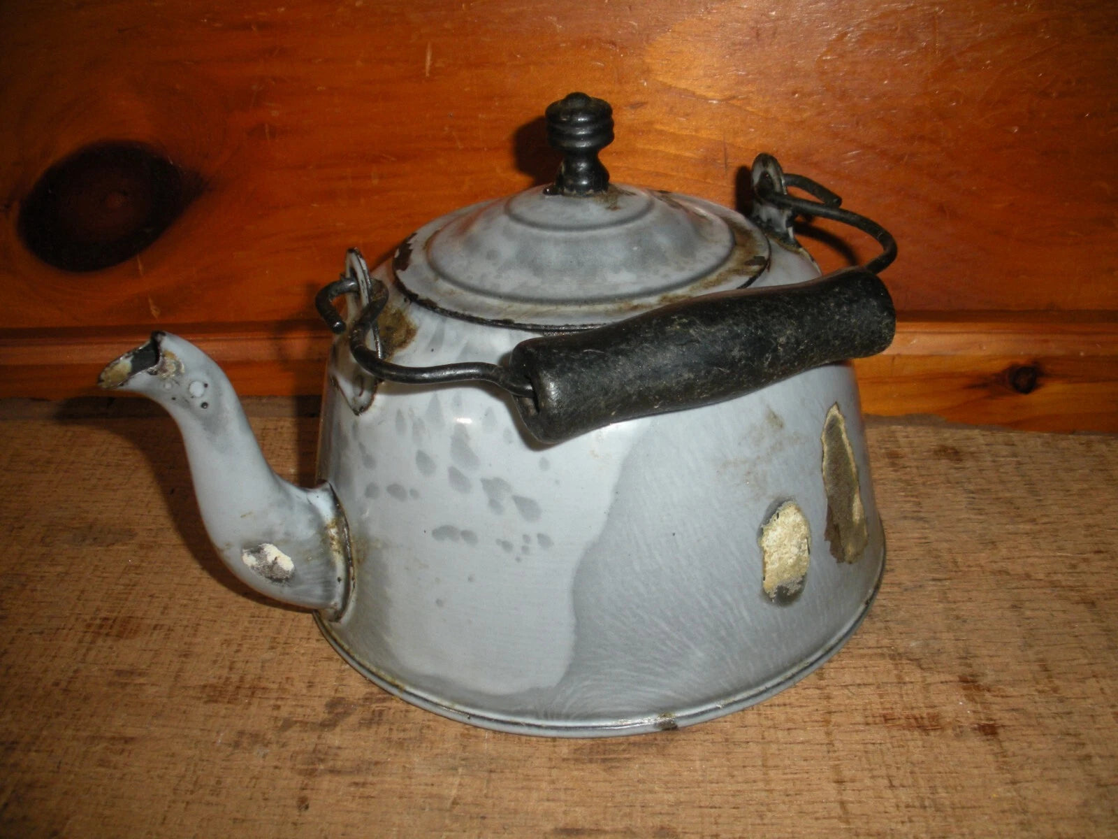 Vintage Gray Graniteware Enamelware TEA POT