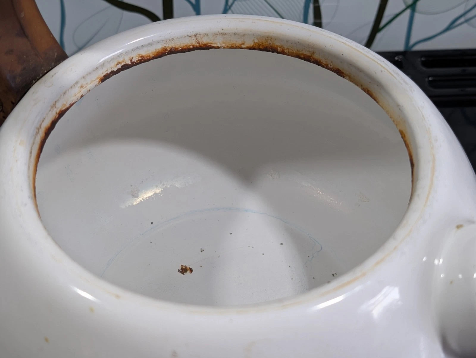Vintage Bumper Harvest Enamelware Teapot Whistling Kettle Tea Pot Has Rust Spots