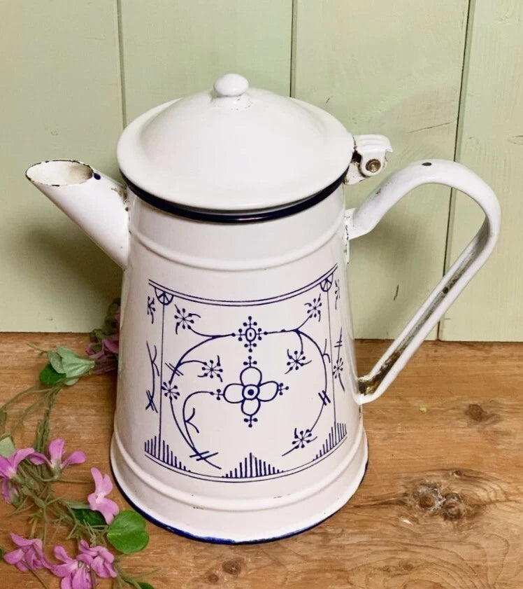 UK ANTIQUE Enamel Saxony Teapot Blue White Design Vintage Kitchenware