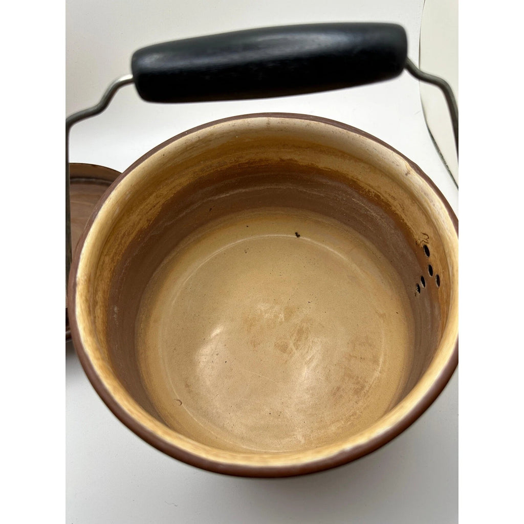 Vintage Tan and Brown Lid Enamelware Teapot