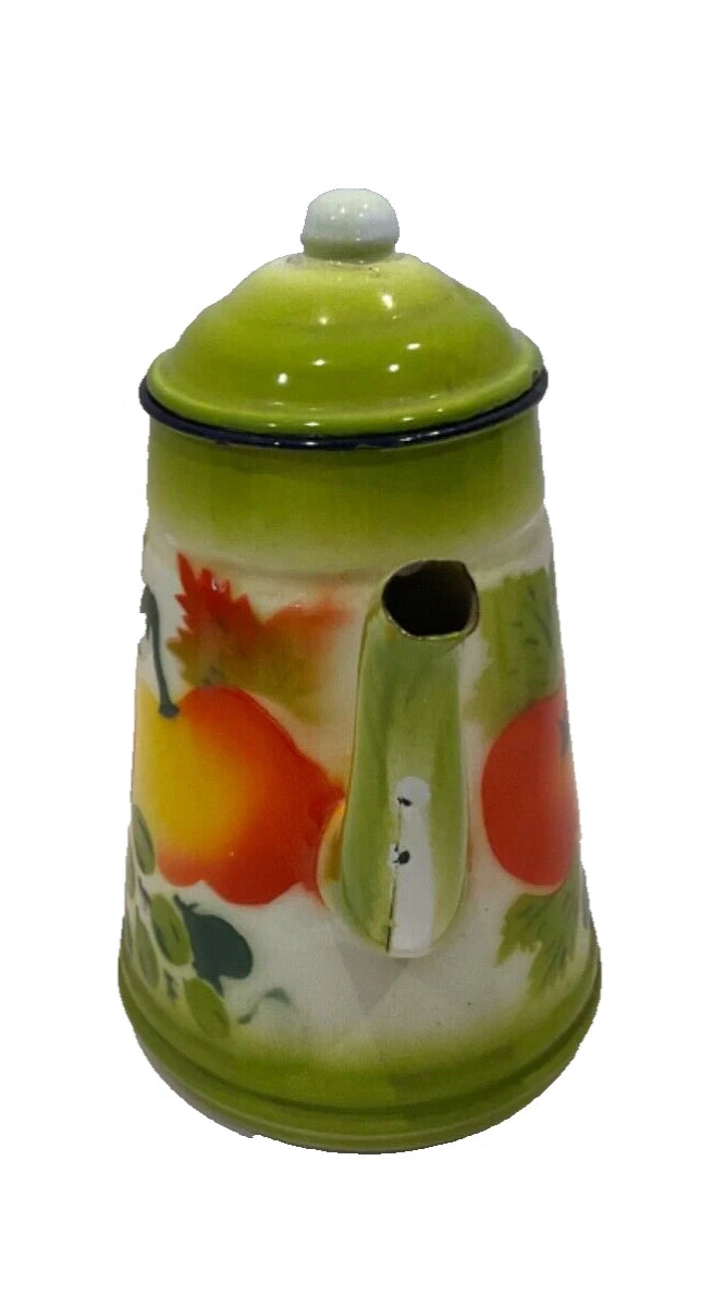 Vintage 1960s  Enamelware Coffee Teapot Painted Fruit Gooseberry & Peaches 8”