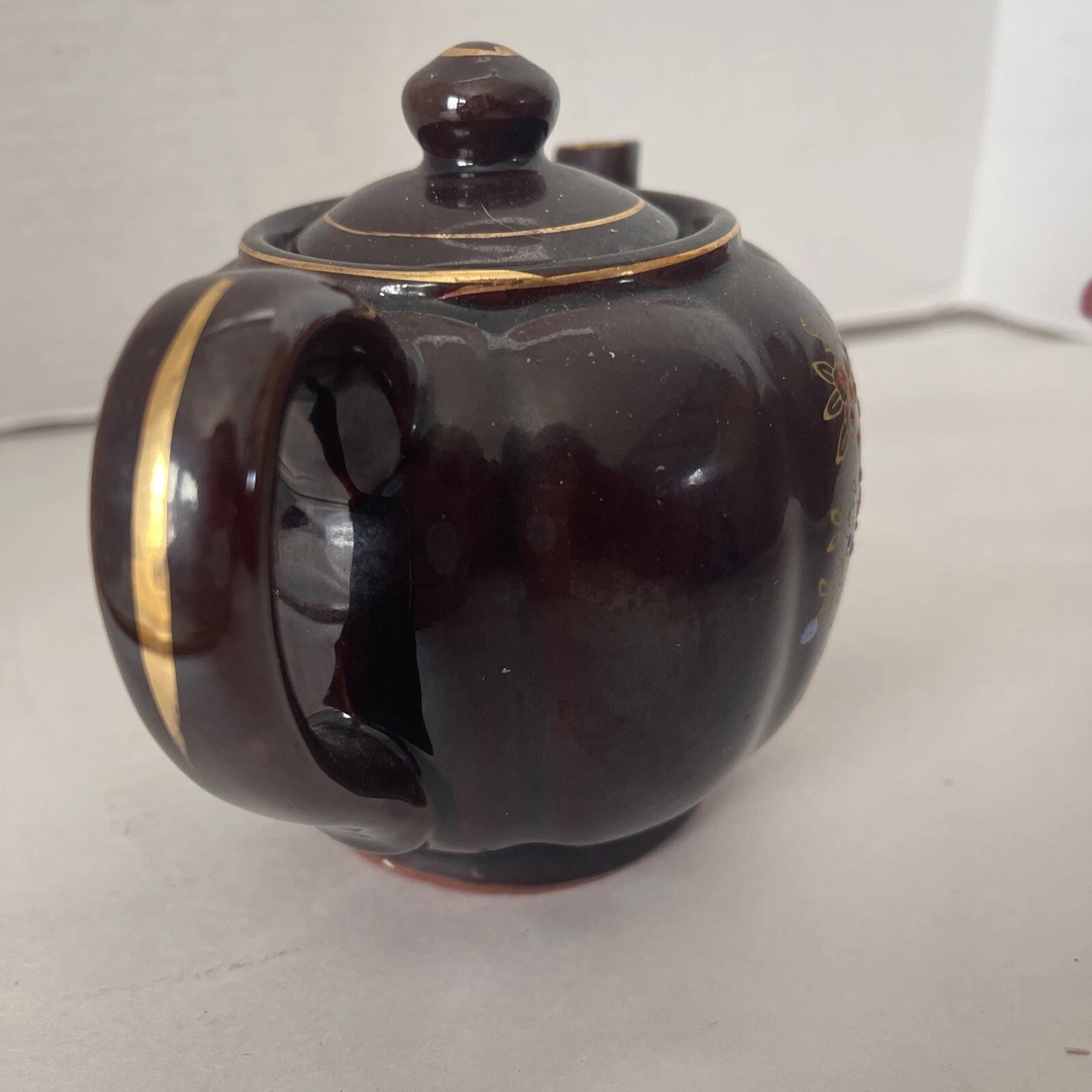 Brown Betty Redware Teapot Moriage Enamel Hand-Painted Mini Japan Vintage 4.5”