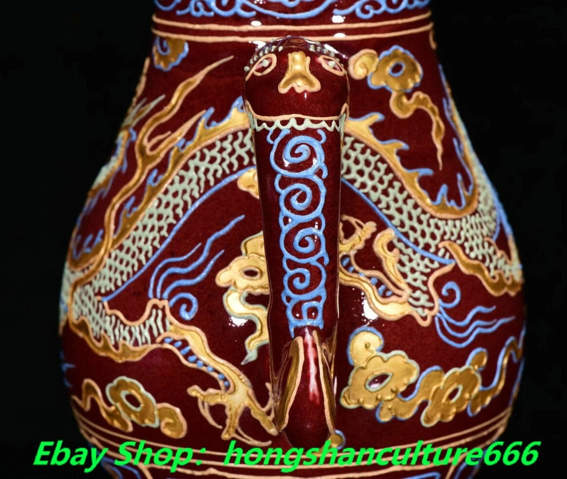 9"Yongle marked red glaze colour enamel porcelain gilt dragon Wine Teapot Flagon