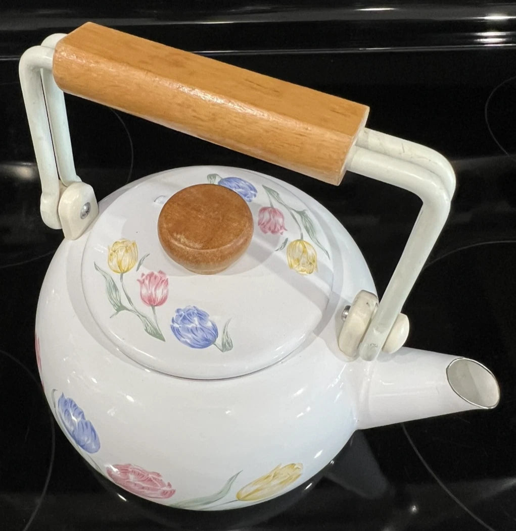 VTG 80s Tea Kettle Floral Porcelain Enamel on Steel Tableworks Unlimited Pastel