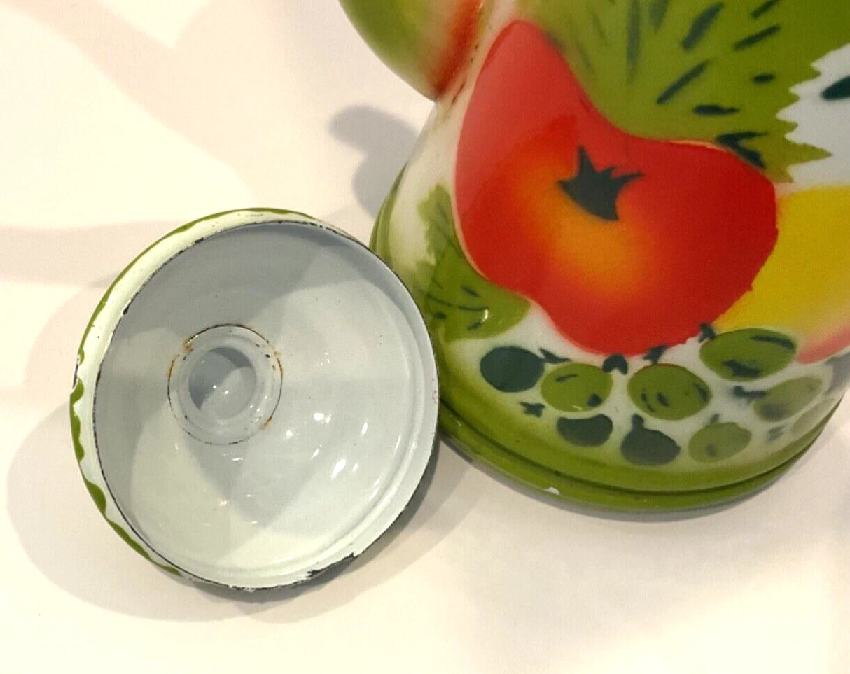 Vintage 1960s  Enamelware Coffee Teapot Painted Fruit Gooseberry & Peaches 8”