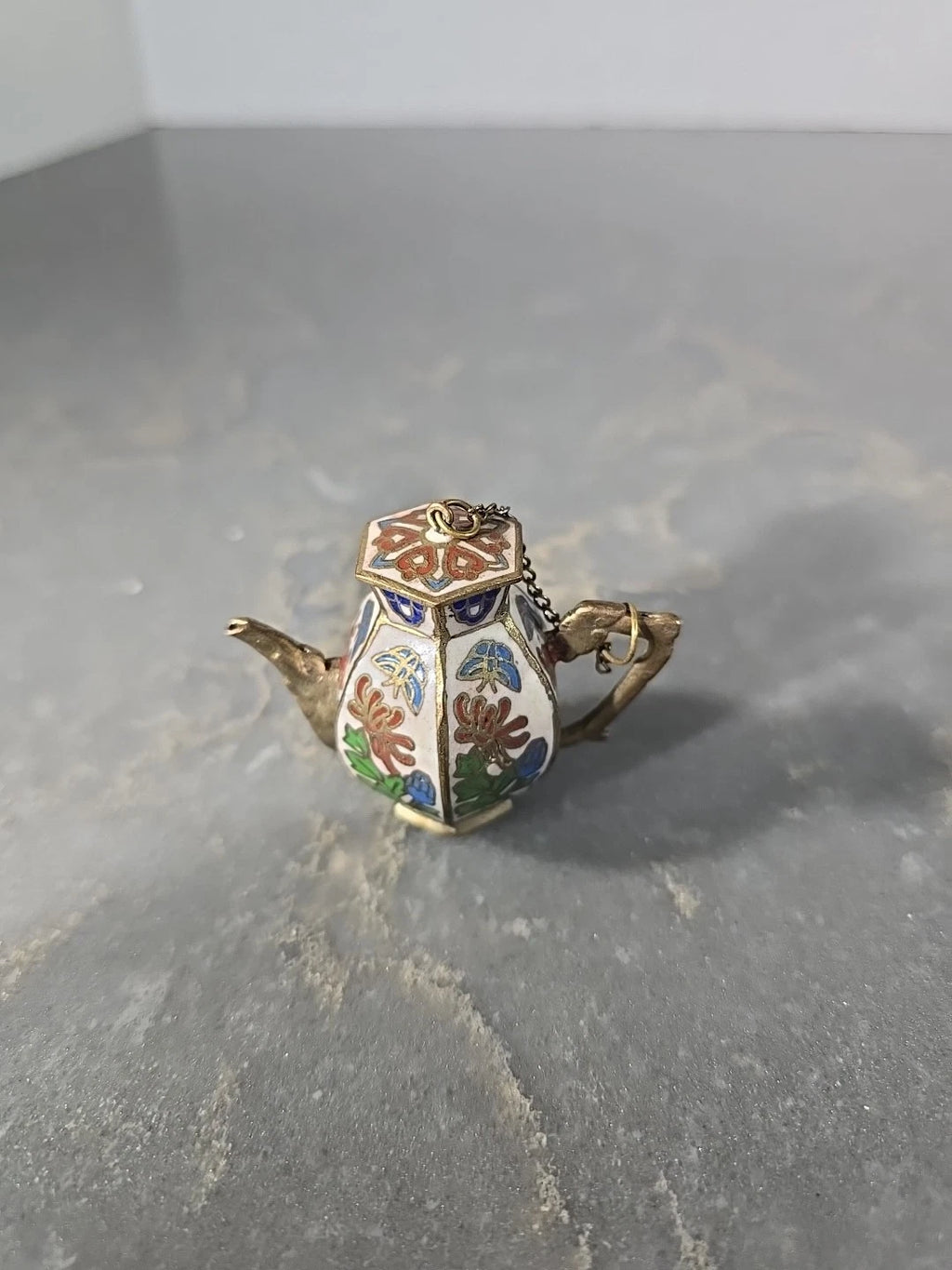 Vintage Cloisonné Brass & Enamel Miniature Lidded Tea Pot