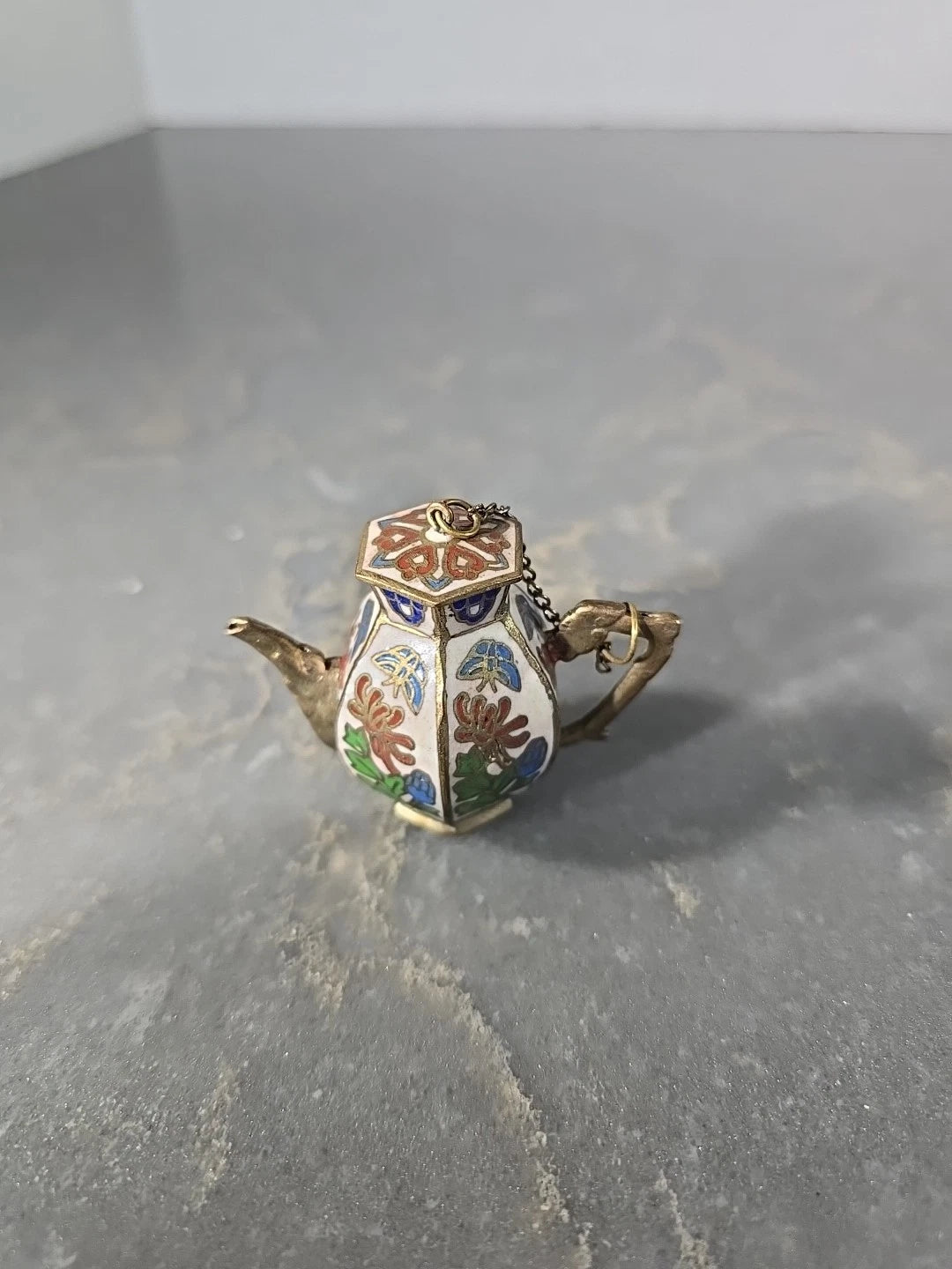 Vintage Cloisonné Brass & Enamel Miniature Lidded Tea Pot