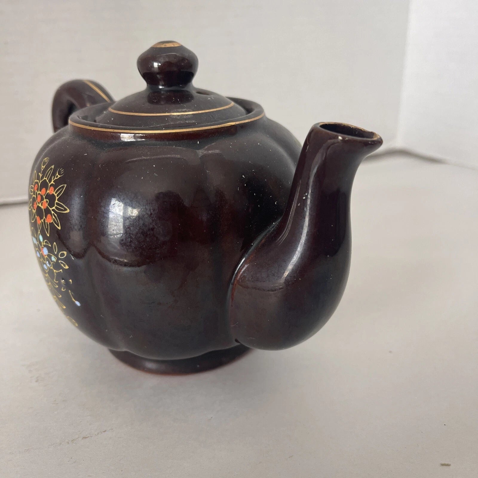 Brown Betty Redware Teapot Moriage Enamel Hand-Painted Mini Japan Vintage 4.5”